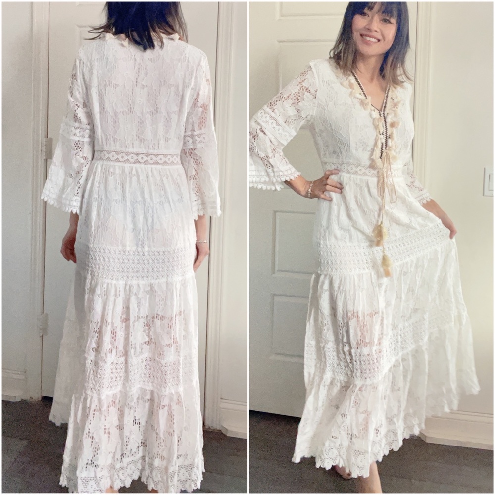 04 Floral Lace Tassel Pom Pom V neck maxi Dress - Picture 6 of 8